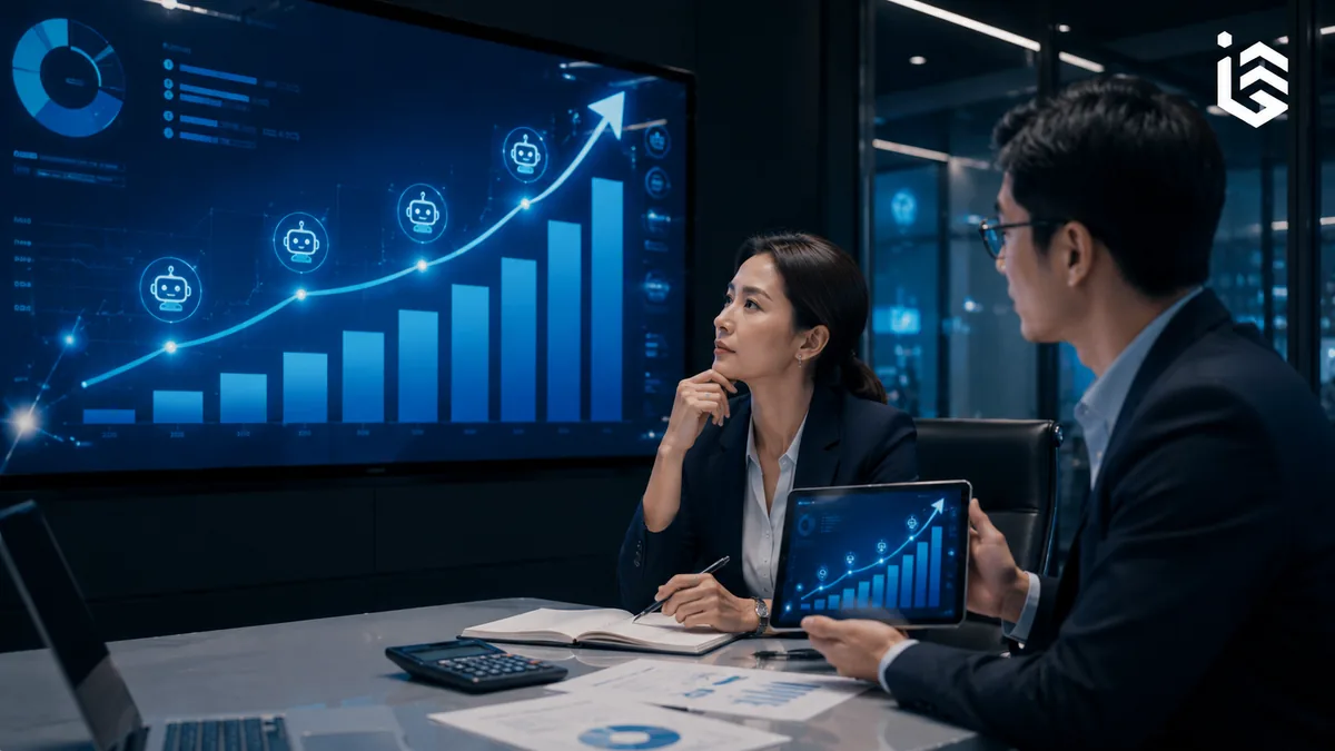 กราฟแท่งขาขึ้นพร้อมลูกศรแสดงกรอบการวัด ROI ของ Agentic AI ในองค์กร